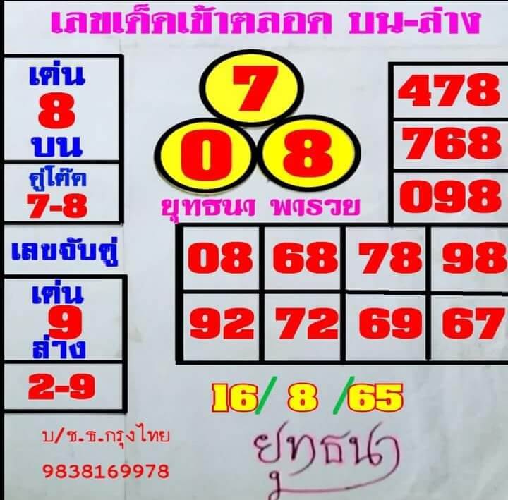 เลขดี หวยยุทธนาพารวย16-8-65