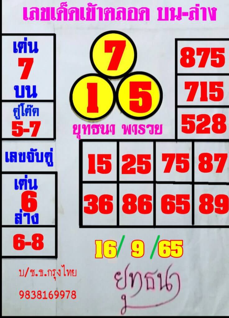 เลขดี หวยยุทธนาพารวย16/9/65